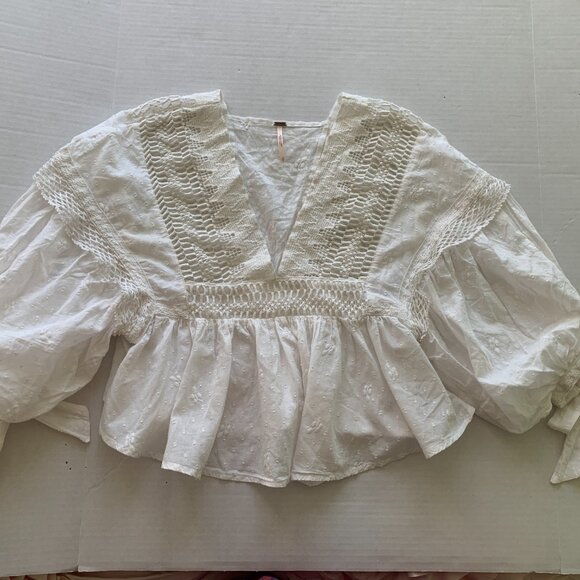 Free People Drive You Mad Embroidery Lace Crop Blouse Top Sz S Off White - Picture 10 of 13
